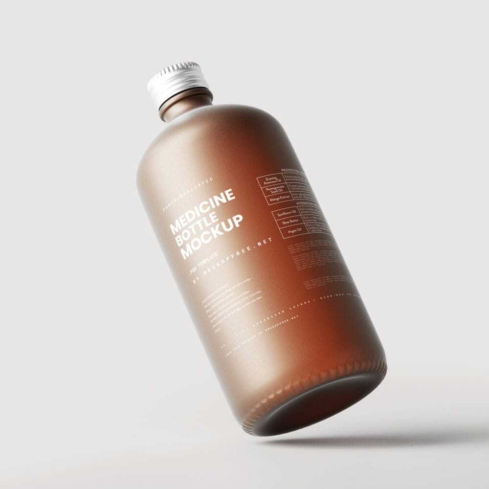 Free Frosted Amber Glass Large Bottle Mockups PSD