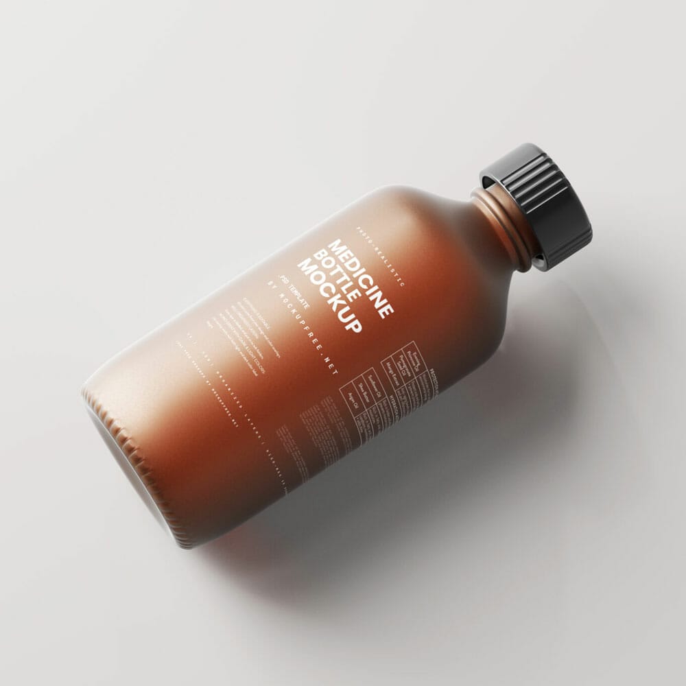 Free Frosted Amber Glass Medicine Bottle Mockups PSD