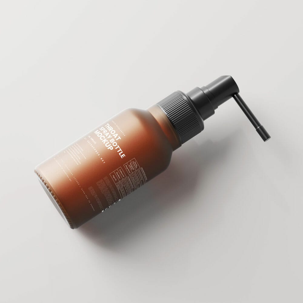 Free Frosted Amber Glass Throat Spray Bottle Mockups PSD