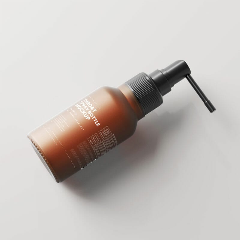 Free Frosted Amber Glass Throat Spray Bottle Mockups PSD