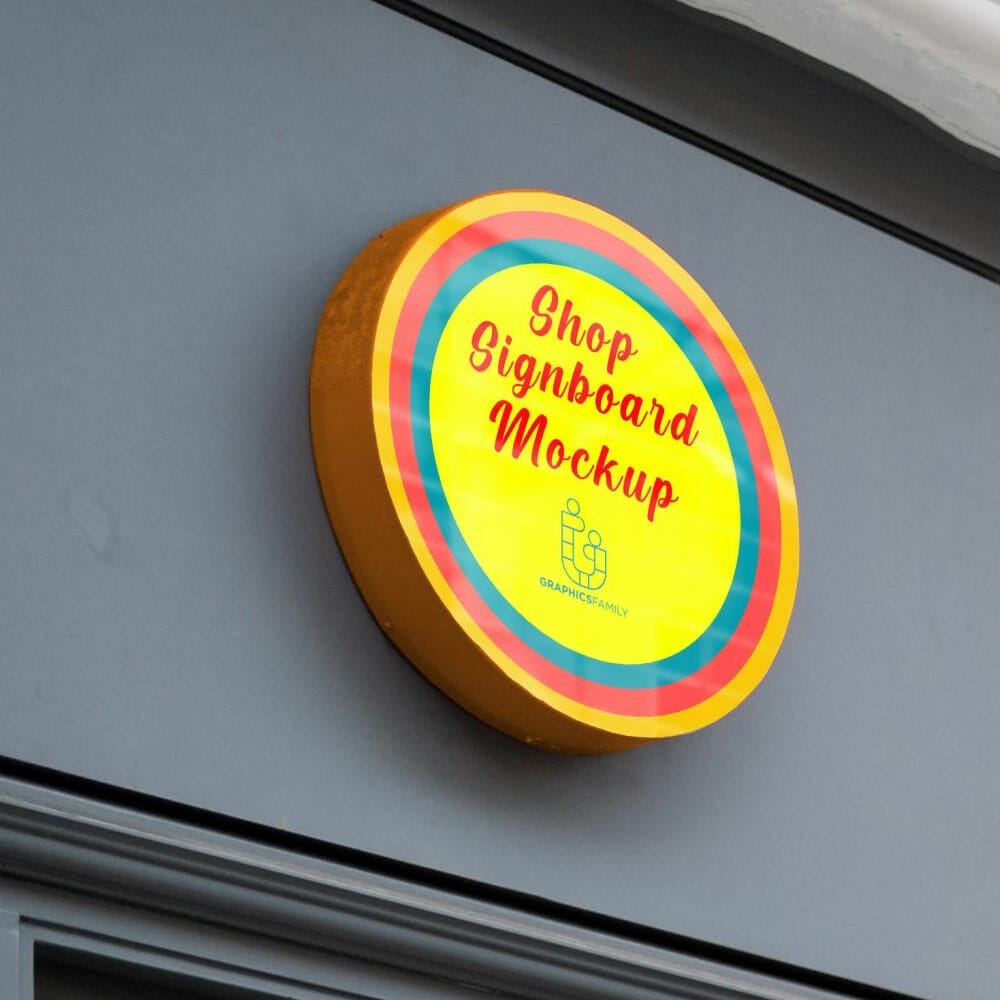 Free Shop Circular Signboard Mockup PSD