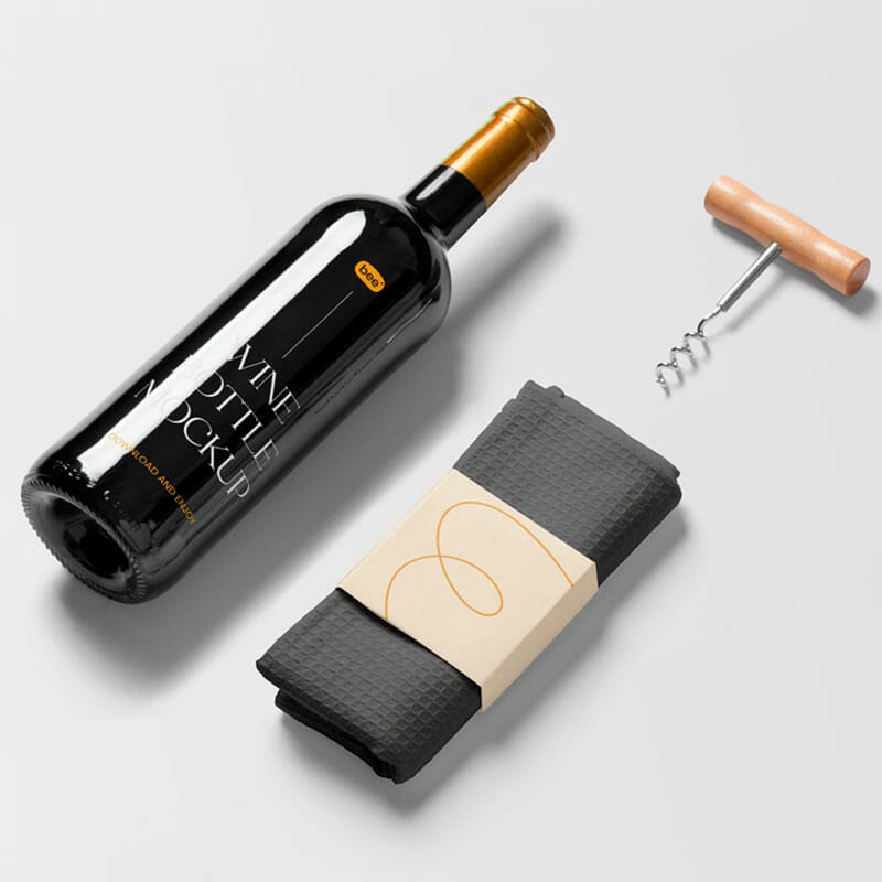 Free Wine Bottle With Dishcloth Mockup PSD
