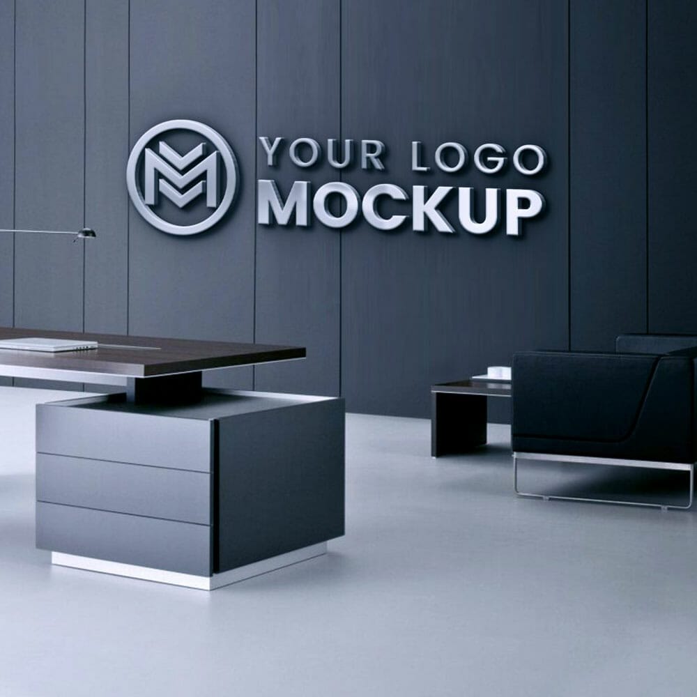 Free 3D Logo Mockup On Office Black Wall PSD