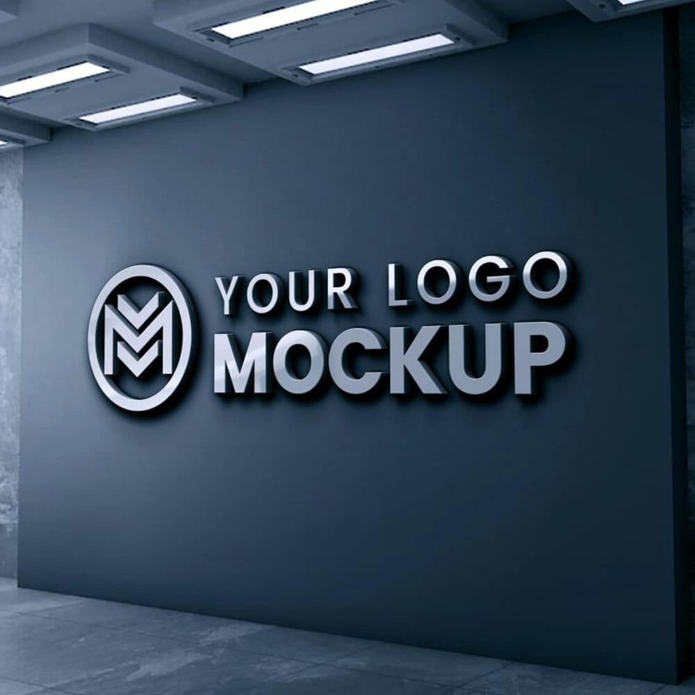 Free 3D Office Wall Logo Mockup With Dark Gray Wall PSD