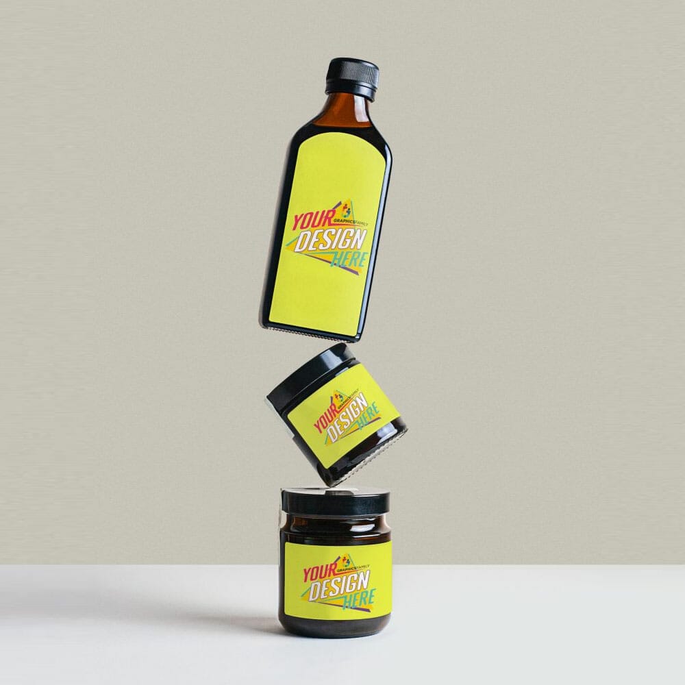 Free Balancing Bottle And Jars Label Mockup PSD
