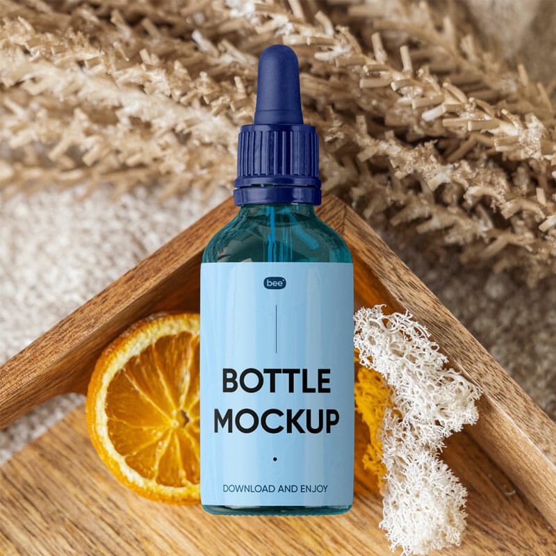 Free Dropper Bottle On Wooden Tray Mockup PSD
