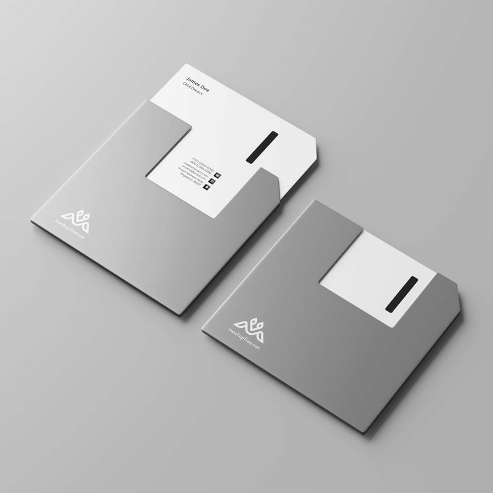 Free Floppy Disk Shaped Business Card Mockup PSD