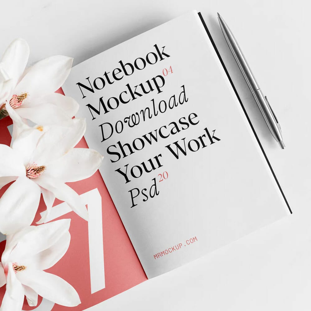 Free Notebook With Flowers Mockup PSD
