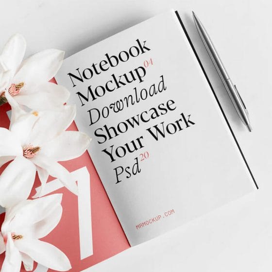 Free Notebook With Flowers Mockup PSD