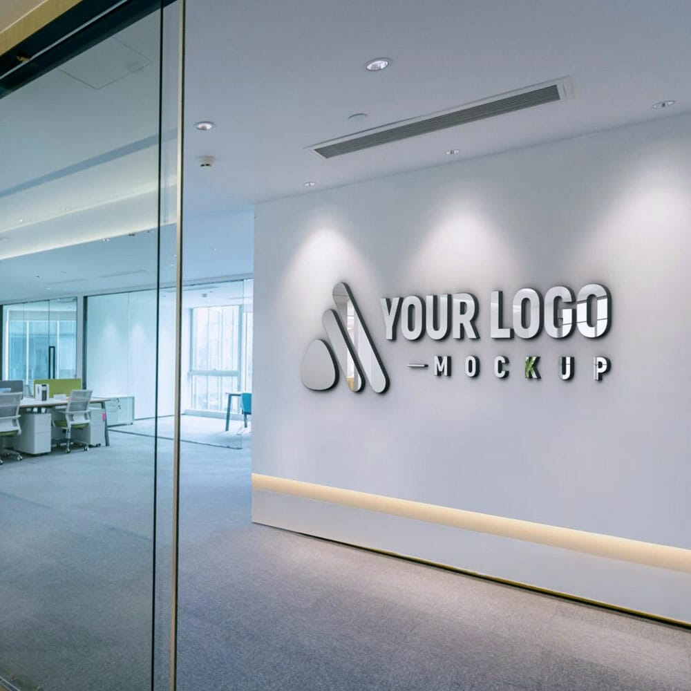 Free Office Background 3D Glass Logo Mockup PSD