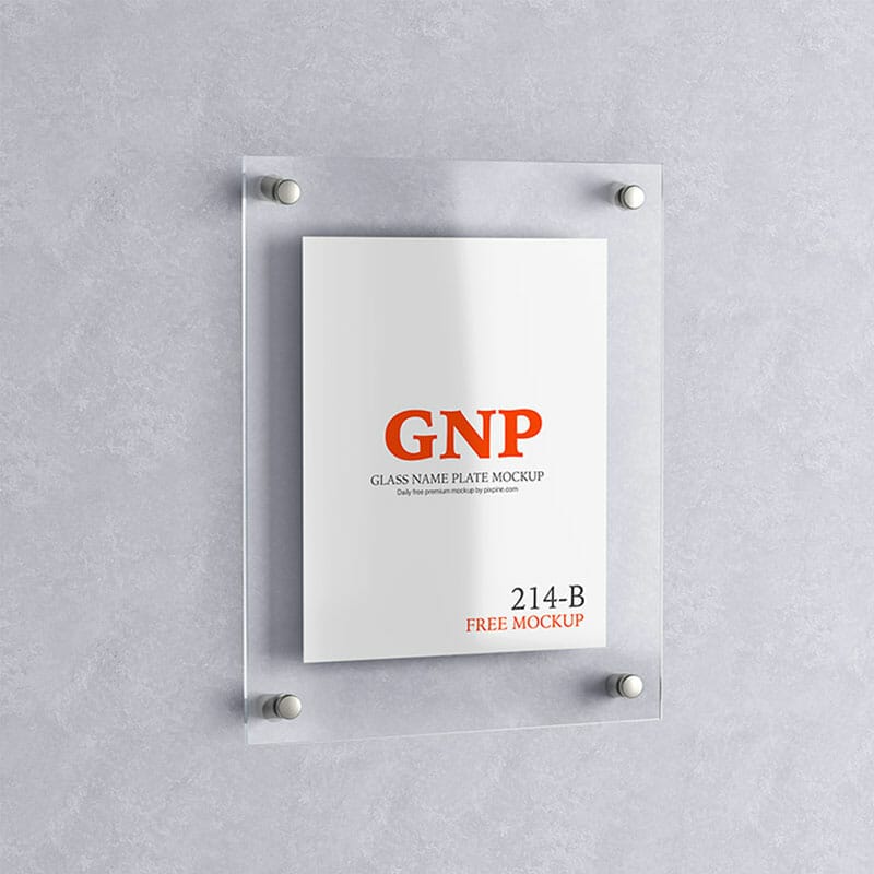 Free Wall Mounted Glass Name Plate Mockup PSD
