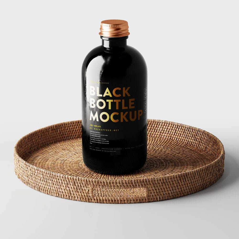 Free Black Glass Bottle Mockup PSD