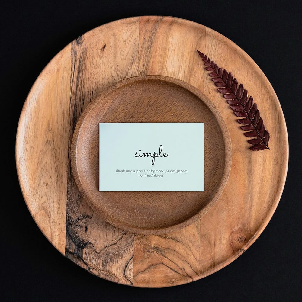 Free Business Cards On Wood Tray Mockup PSD
