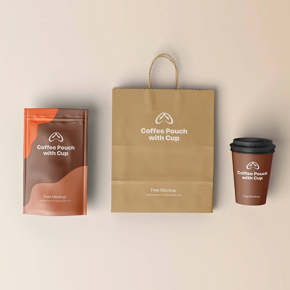 Free Coffee Pouch And Cup Mockup PSD