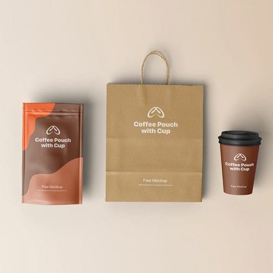 Free Coffee Pouch And Cup Mockup PSD