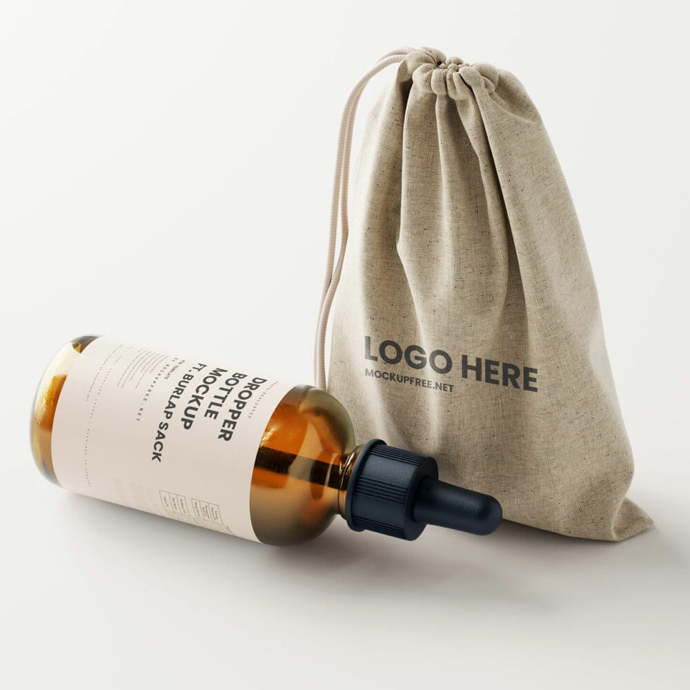 Free Dropper Bottle With Burlap Sack Mockup PSD