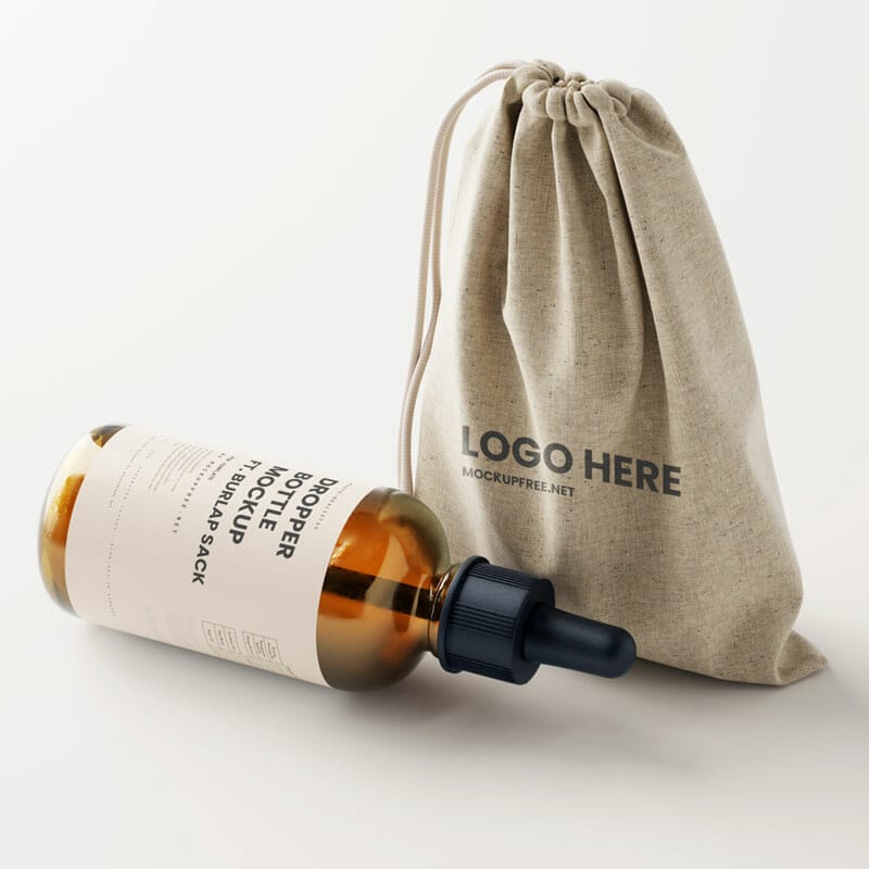 Free Dropper Bottle With Burlap Sack Mockup PSD