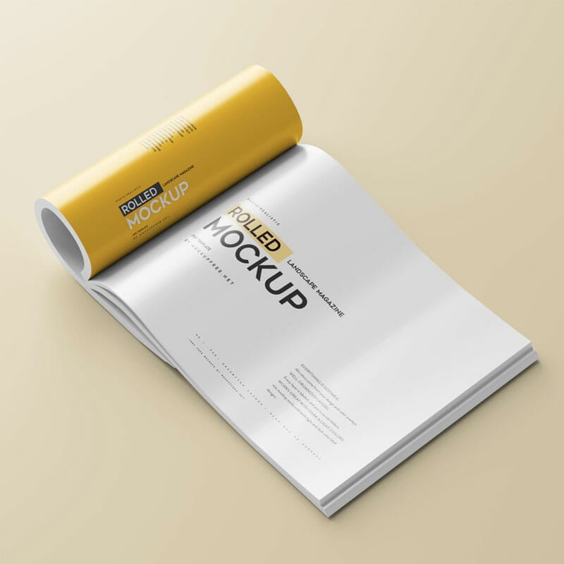 Free Landscape Rolled Up Magazine Mockup PSD
