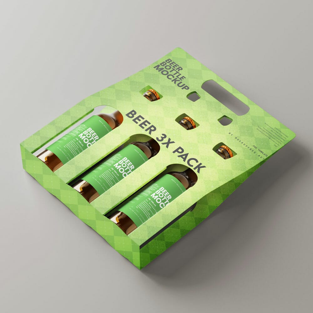 Three Pack Beer Bottle Carrier Mockup PSD
