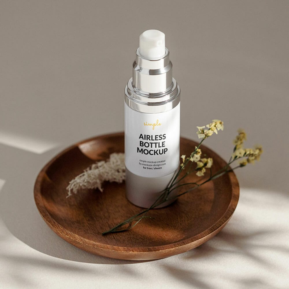 Free Airless Bottle On Wooden Tray Mockup PSD