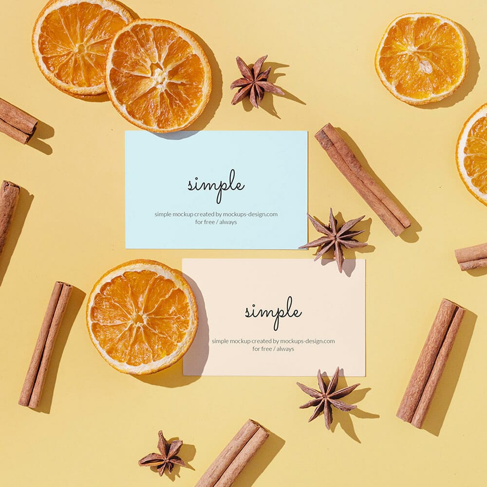 Free Business Cards With Dried Oranges Mockup PSD