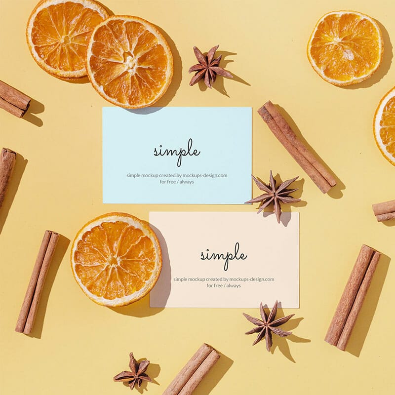 Free Business Cards With Dried Oranges Mockup PSD