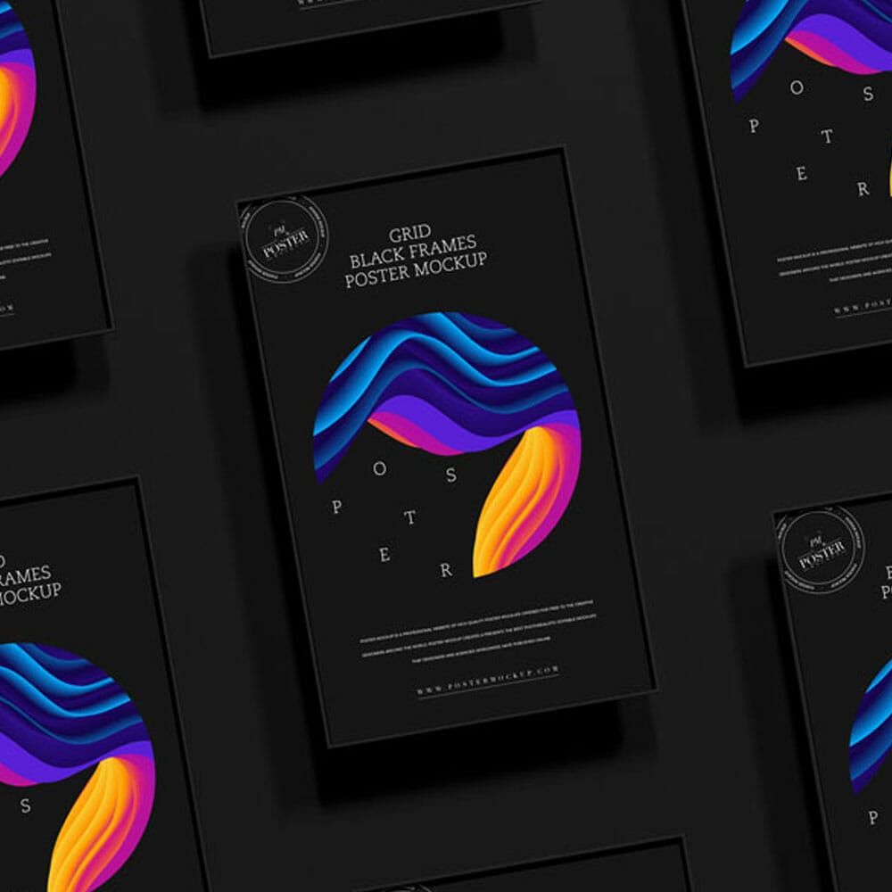Free Grid Black Frames Poster Mockup PSD