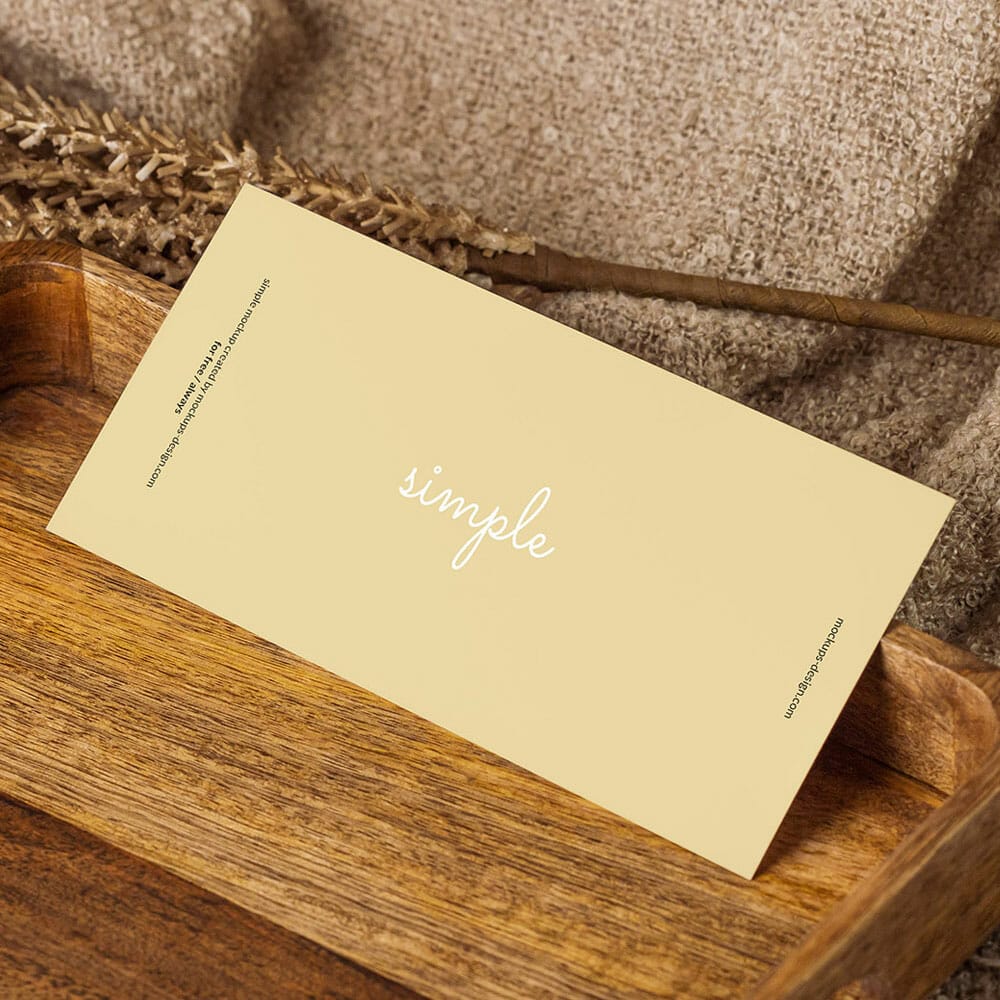 Free Horizontal DL Flyer In Wooden Tray Mockup PSD