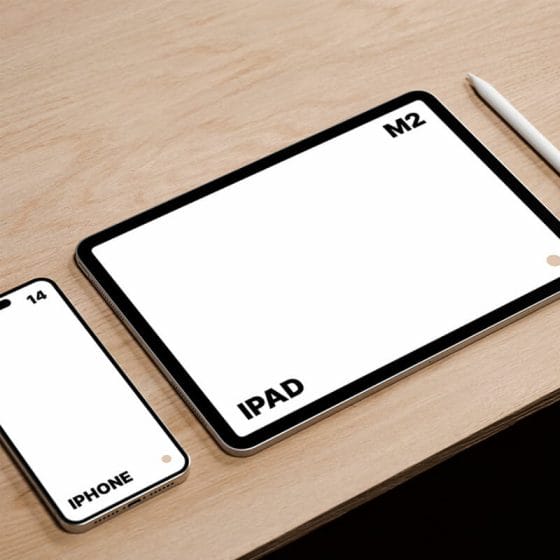 Free M2 iPad Pro And iPhone 14 Pro Max On Desk Mockup PSD