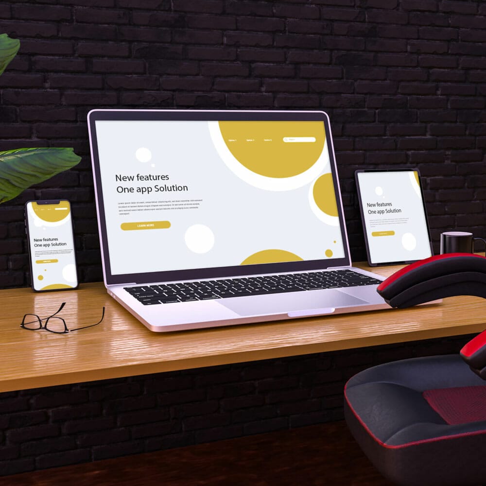 Free Mockup Laptop And Mobile On Wood Table PSD