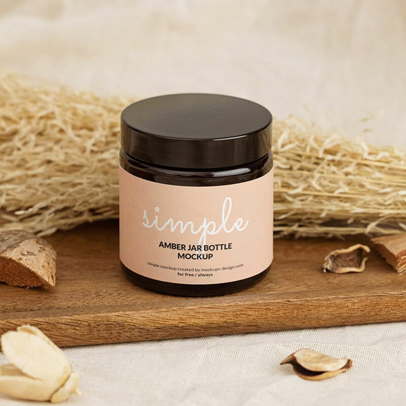 Free Small Amber Jar On Wooden Tray Mockup PSD