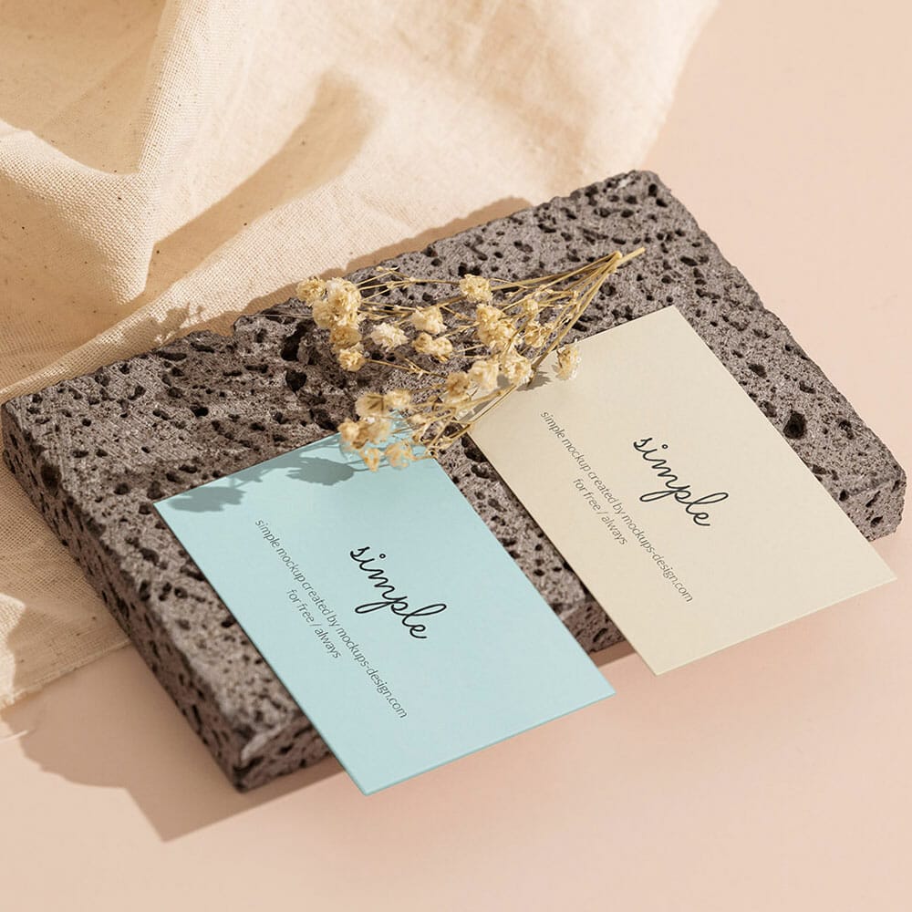 Free Two Business Cards On Stone Mockup PSD