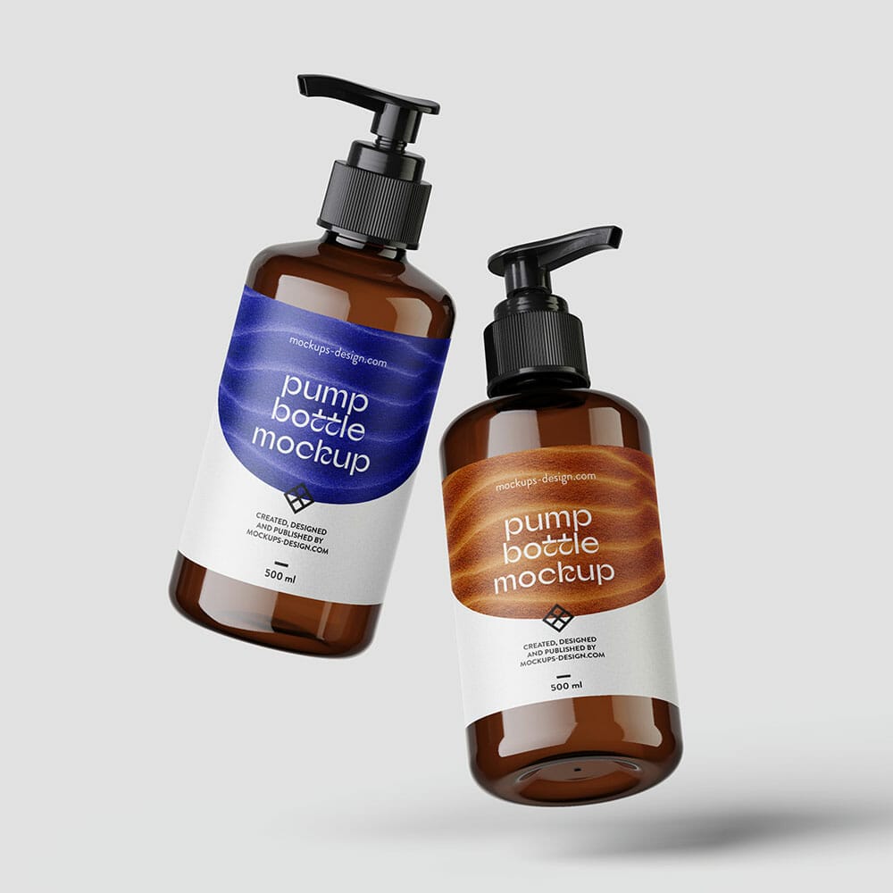 Free Amber Bottle With Pump Closure Mockup PSD