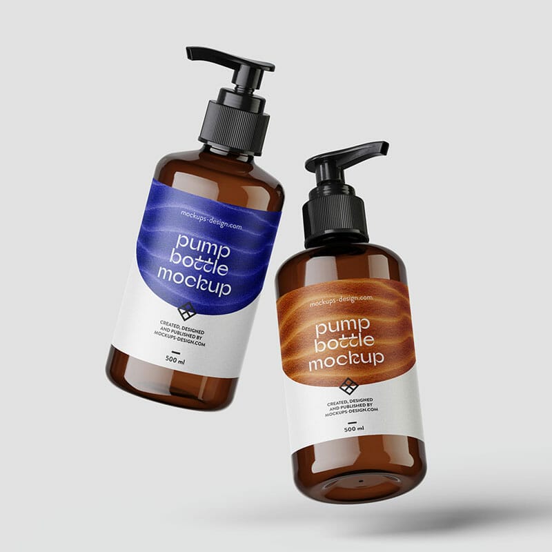 Free Amber Bottle With Pump Closure Mockup PSD