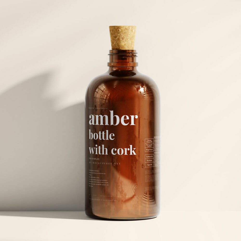 Free Amber Glass Bottle With Cork Mockup PSD