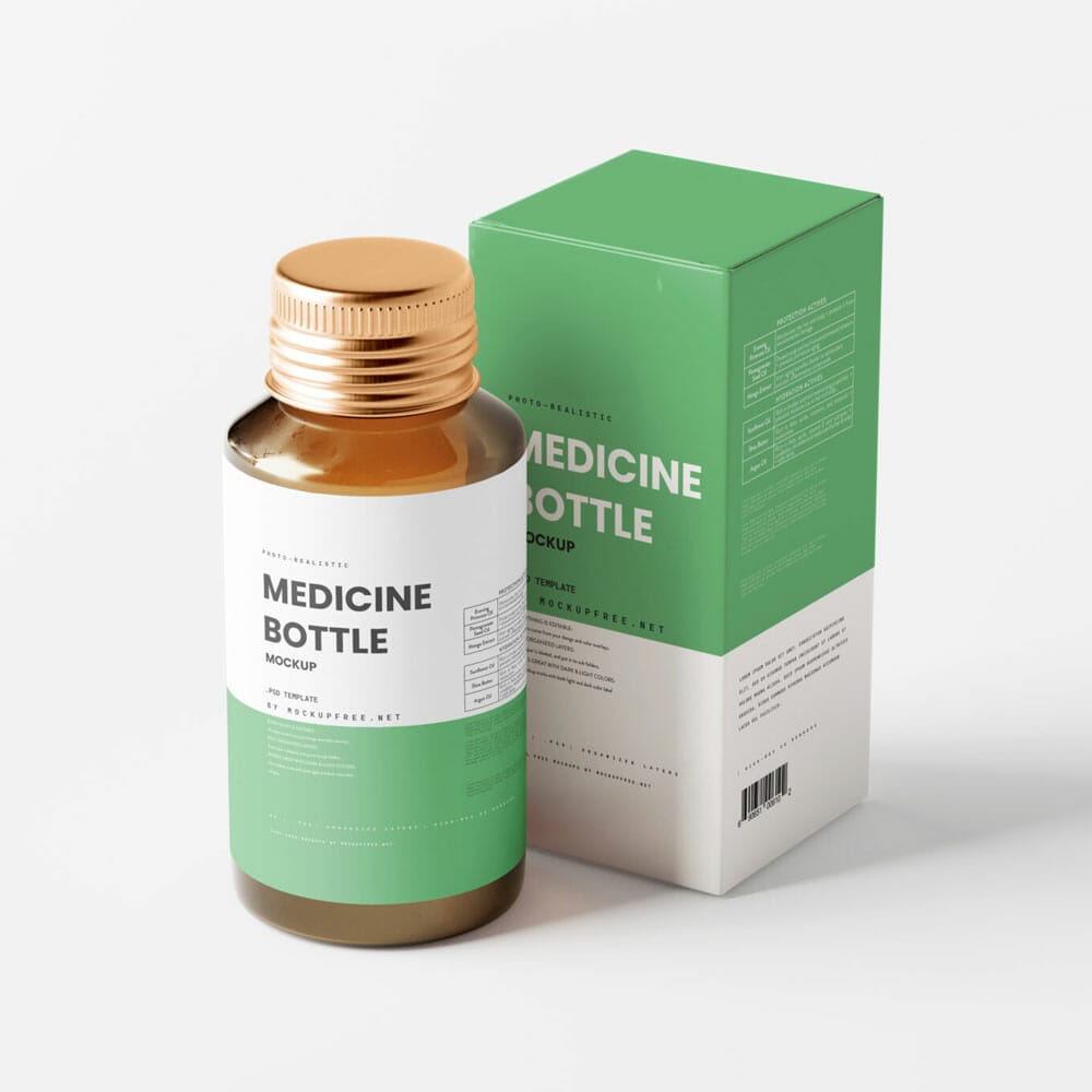 Free Amber Glass Medicine Bottle With Box Mockups PSD