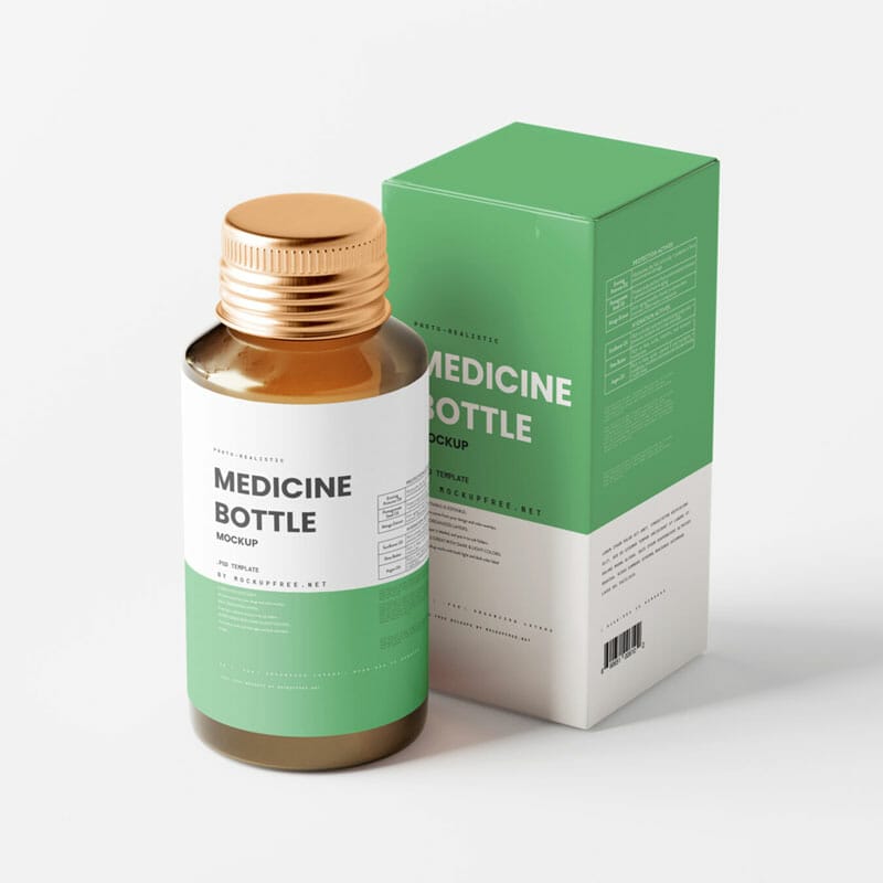 Free Amber Glass Medicine Bottle With Box Mockups PSD
