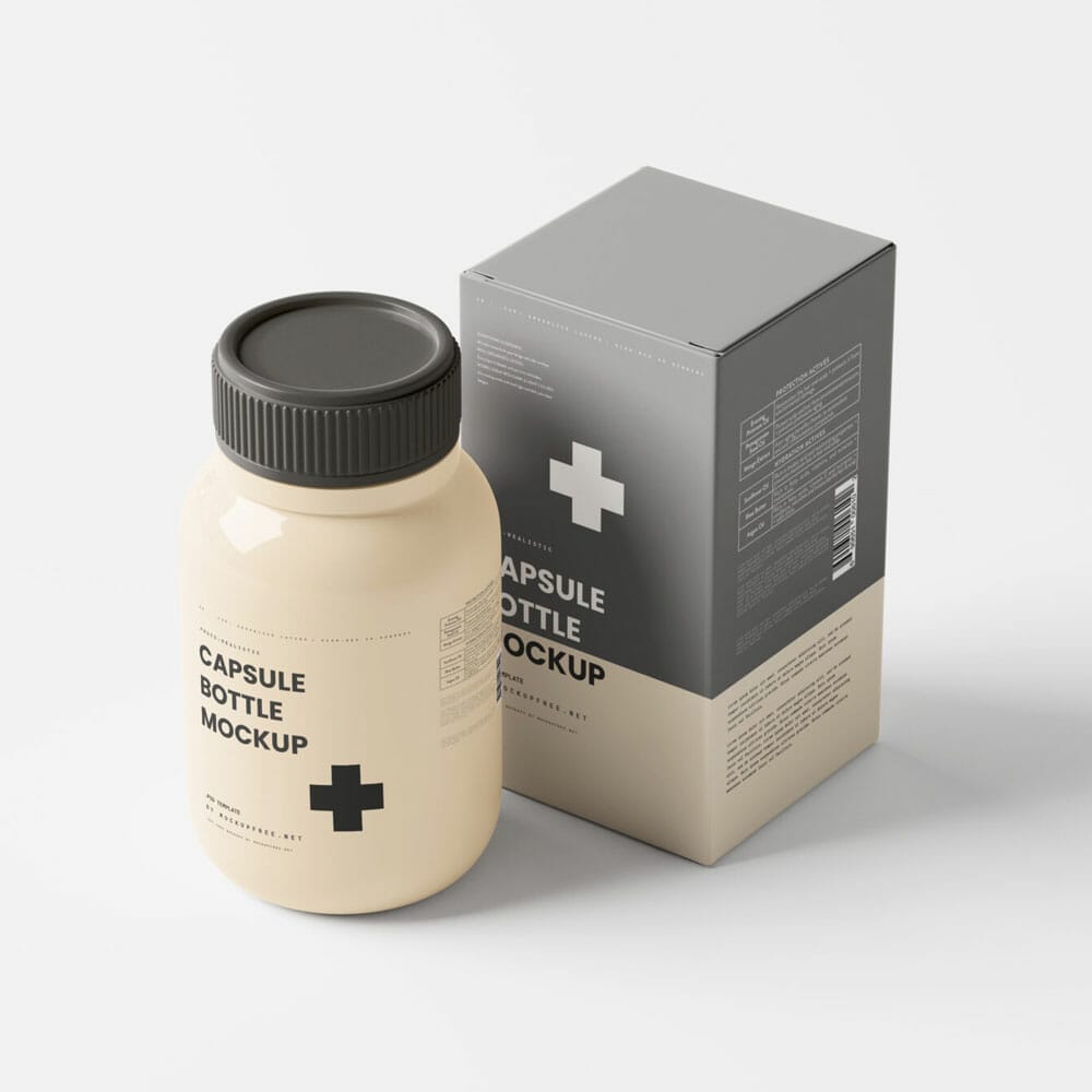 Free Capsule Bottle With Box Mockup PSD