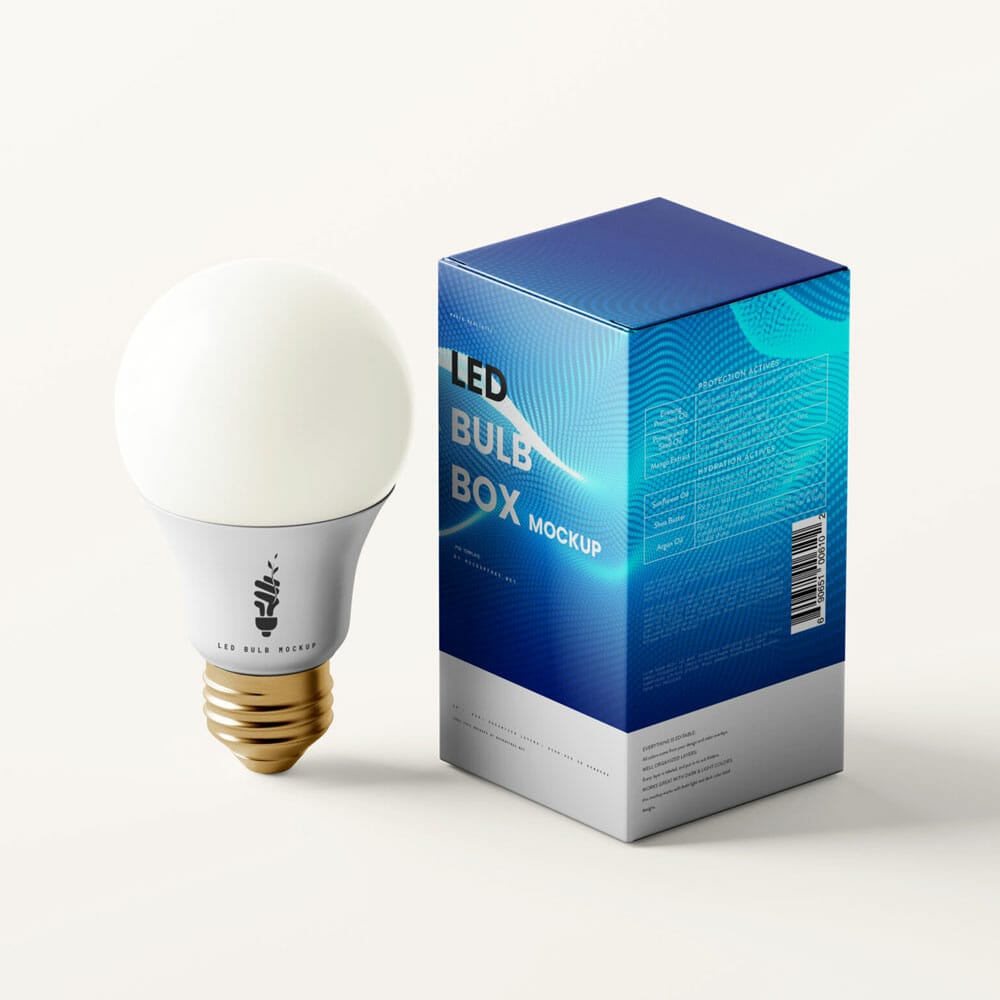 Free LED Light Bulb And Box Mockups PSD