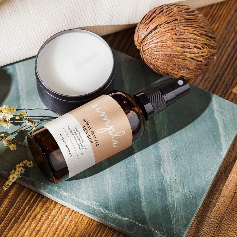 Free Mist Spray Bottle On Green Tile Mockup PSD