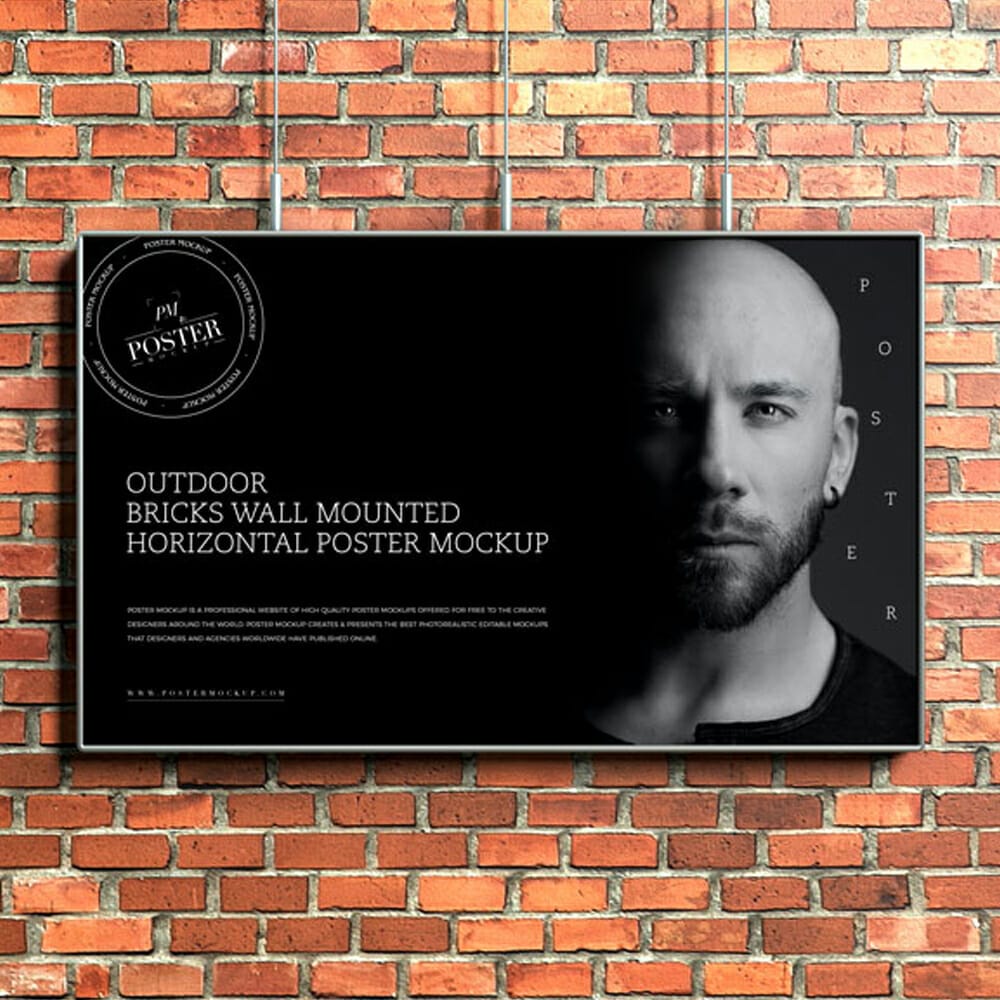 Free Outdoor Bricks Wall Mounted Horizontal Poster Mockup PSD