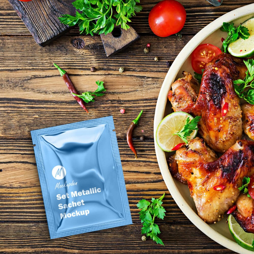 Free Set Metallic Sachet Mockup PSD Template