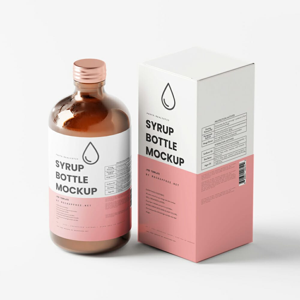Free Syrup Bottle And Box Mockups PSD