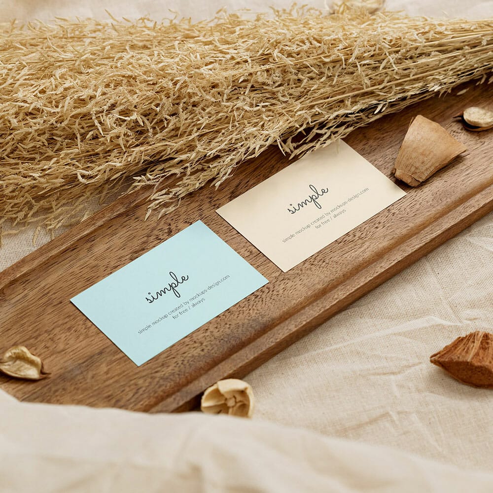 Free Two Business Cards In Wooden Tray Mockup PSD