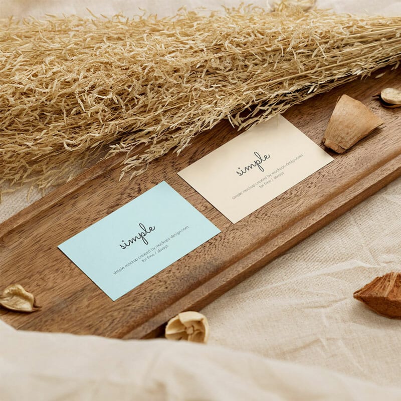 Free Two Business Cards In Wooden Tray Mockup PSD