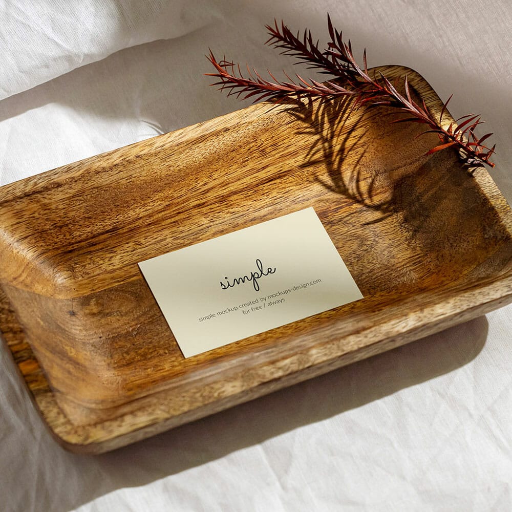 FreeBusiness Card In Wooden Bowl Mockup PSD
