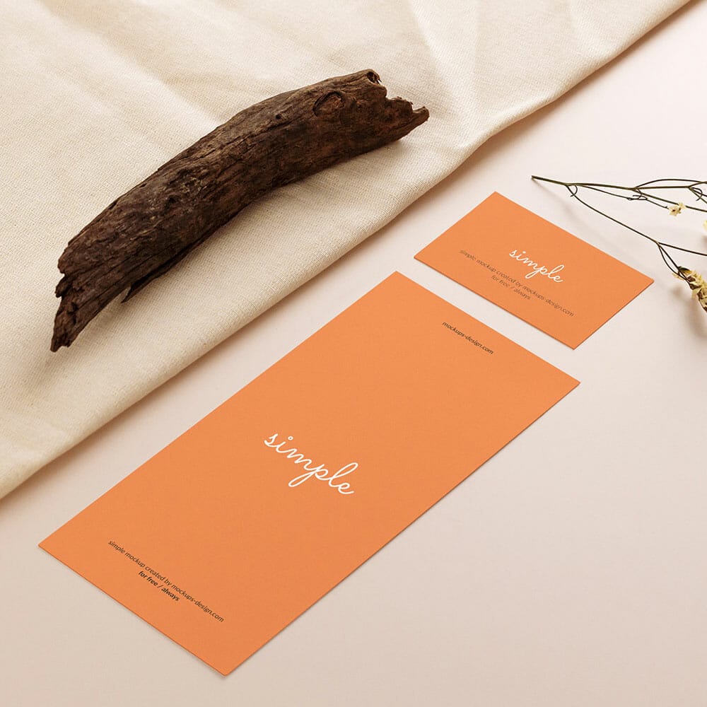 DL Flyer With Business Card On Beige Background Mockup PSD