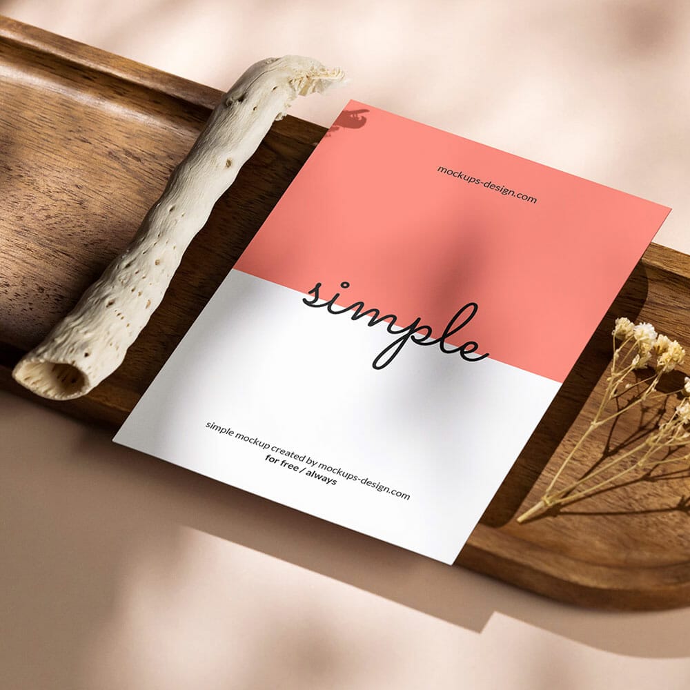 Free A6 Flyer On Tray With Dried Plants Mockup PSD