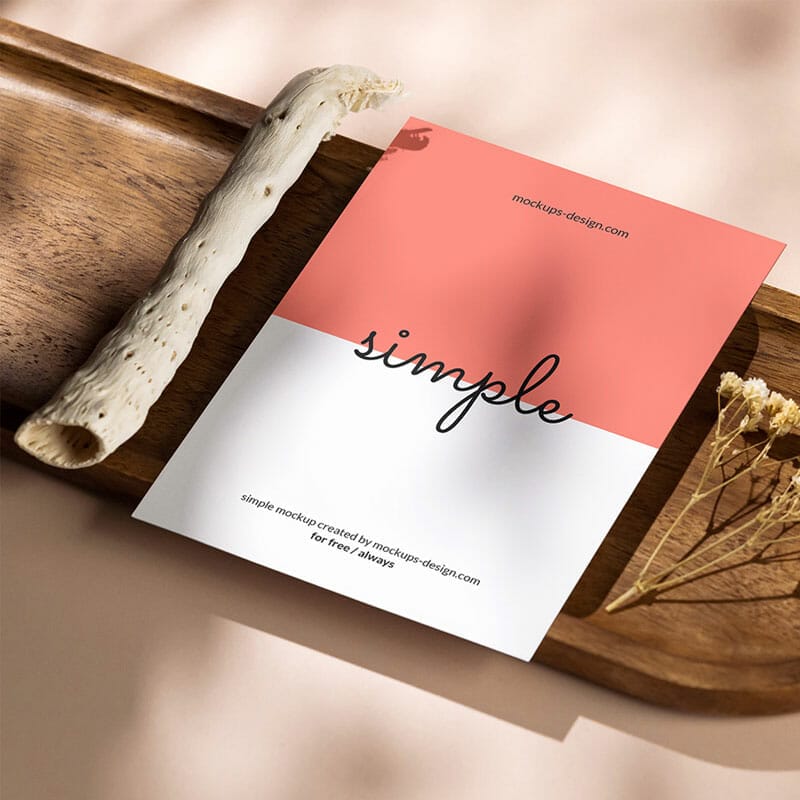 Free A6 Flyer On Tray With Dried Plants Mockup PSD