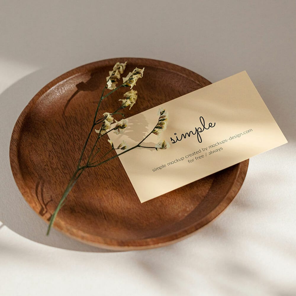 Free Business Card With Flower On Tray Mockup
